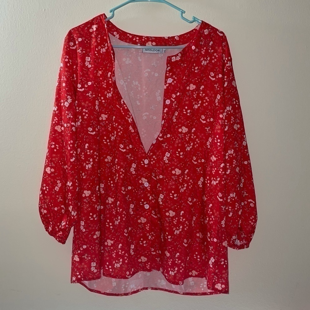 MissLook Kimono Short Mini Floral V-Neck Button Front Blouse Coral Red Silky 3XL